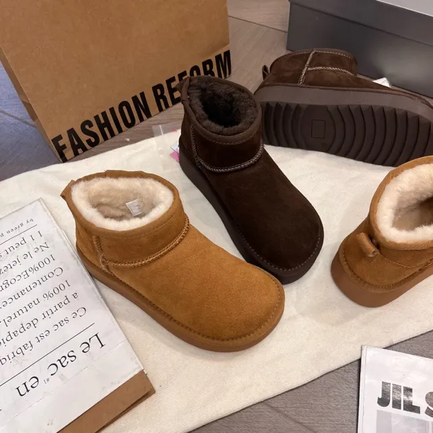 小甩头厚底真皮雪地靴女短靴休闲风极简风冬季加绒棉鞋短筒靴子