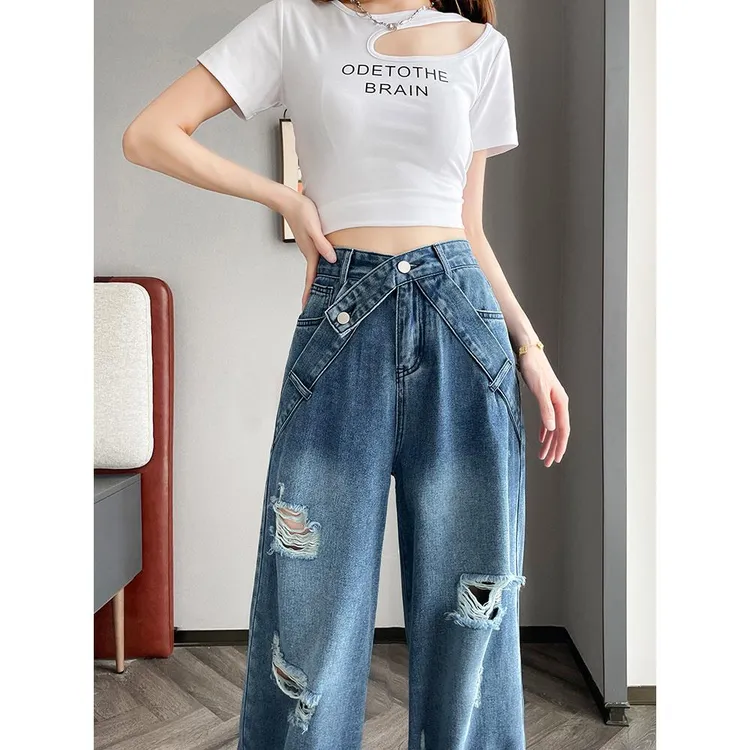 破洞阔腿牛仔裤女2025夏薄款交叉飘带设计感宽松街头潮流风乞丐裤