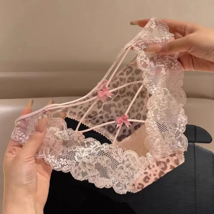 温香奶豹!纯欲性感粉豹纹网纱蕾丝内裤女款后镂空蝴蝶结三角短裤