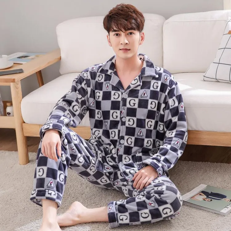 秋冬季男士新款睡衣珊瑚绒加绒加厚宽松保暖大码家居服法兰绒套装