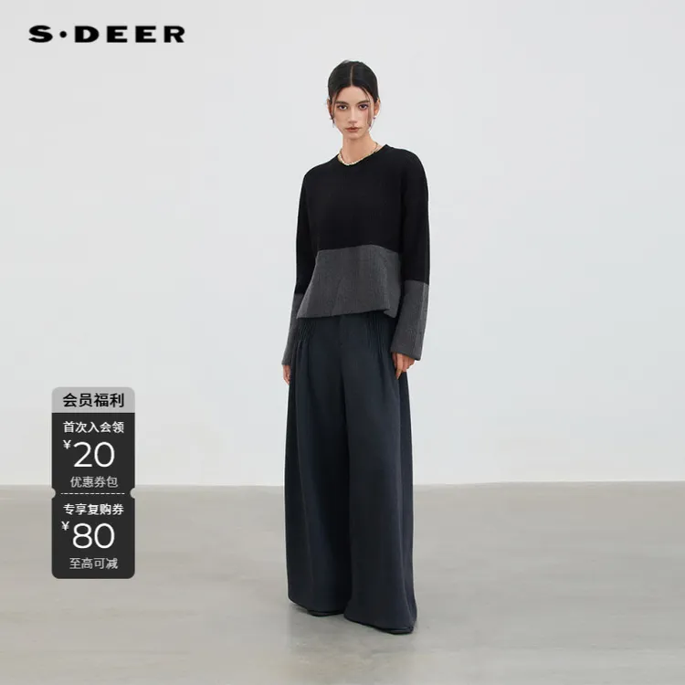 S·DEER圣迪奥女装冬季时尚休闲圆领套头拼色针织衫S24483529
