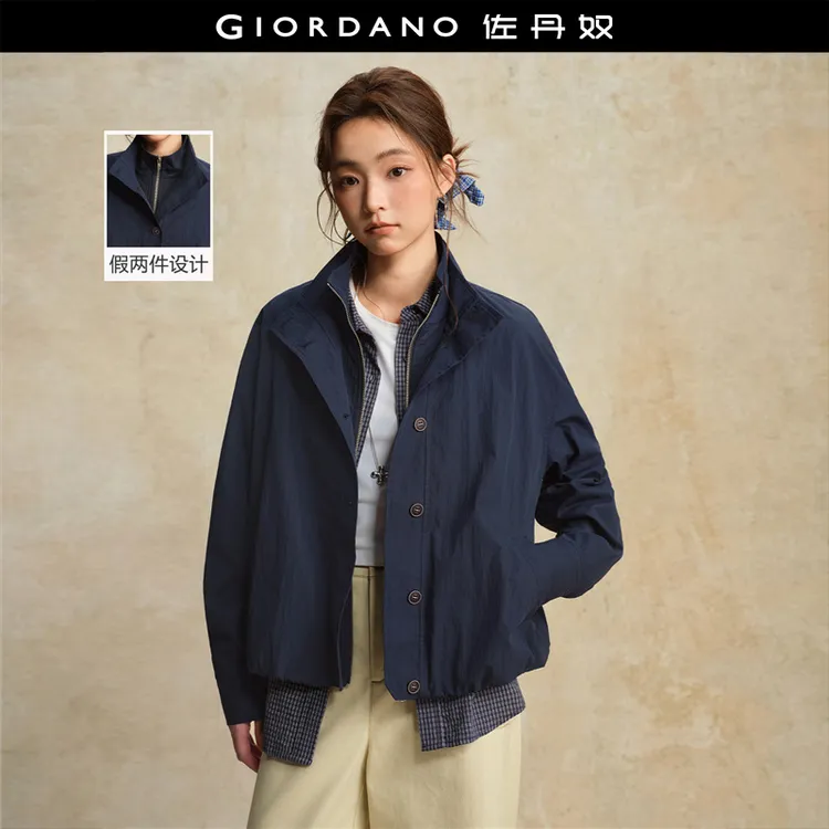 佐丹奴设计师款时尚假两件立领休闲宽松风衣外套女装 18375611