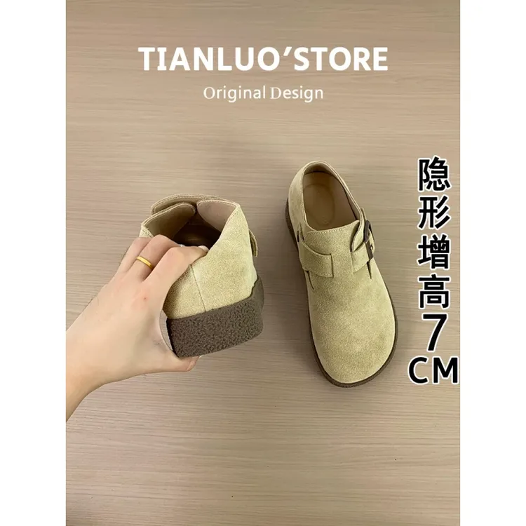 真皮~7cm内增高加绒勃肯鞋女2025秋冬新款大头一脚蹬厚底博肯单鞋