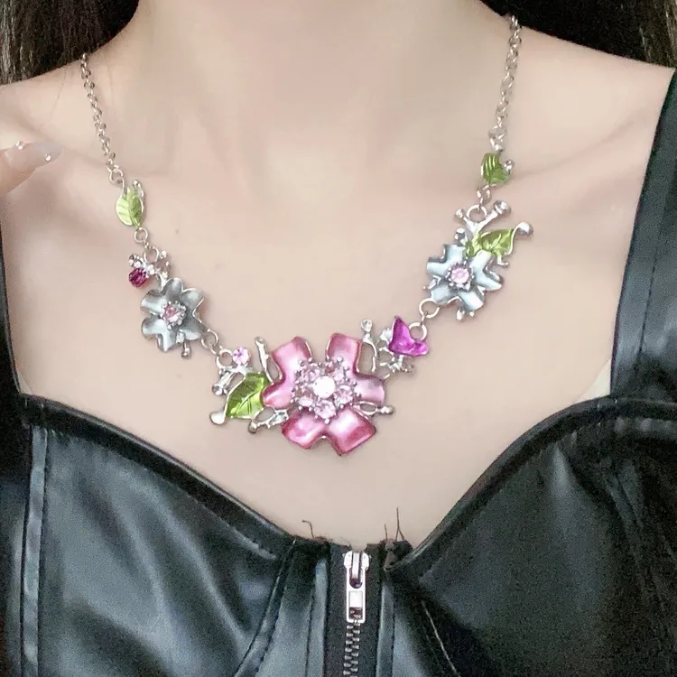 合金合成锆石项链 跨境欧美粉钻花朵吊坠项链耳环套装甜美百搭锁