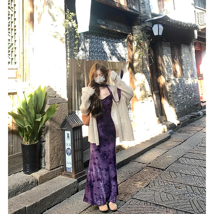 MARIE.COCO新中式国风镂空长袖针织开衫女秋季碎花吊带连衣裙套装