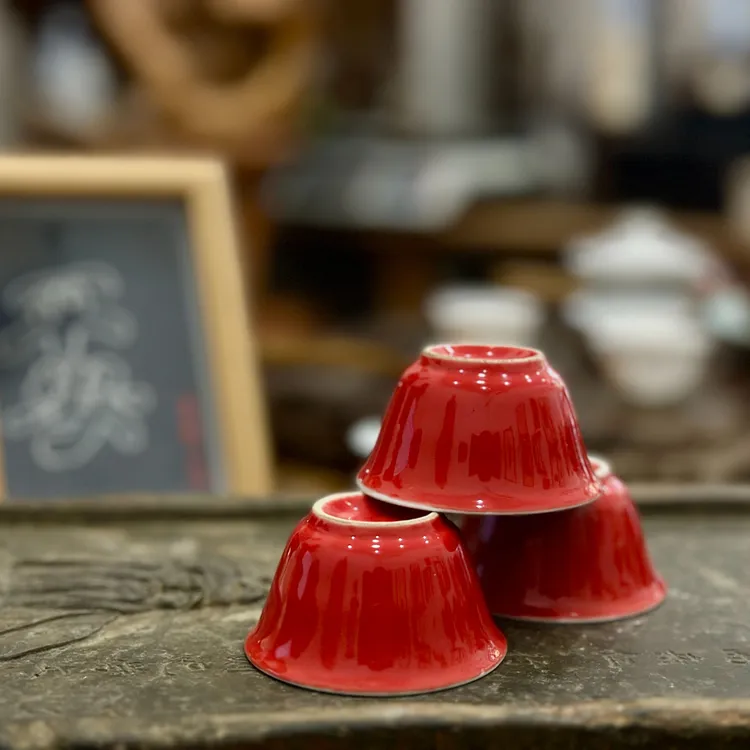 中式复古品茗杯单个茶杯红色陶瓷喝茶小红杯茶具红色茶具红色杯子