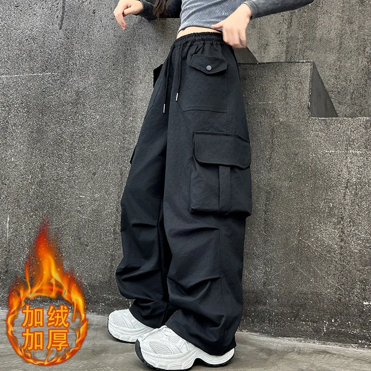 女童时髦大口袋工装裤宽松休闲裤2025新款高街中大童加绒裤子潮酷