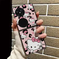 粉色豹纹KT猫适用华为P50/P60手机壳荔枝纹贴皮Poctet2保护套女生