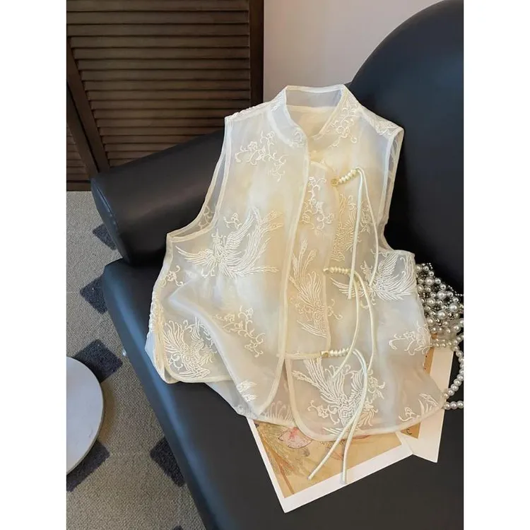 6569百搭无袖上衣时髦国风刺绣2025夏季新款设计感系带立领马甲