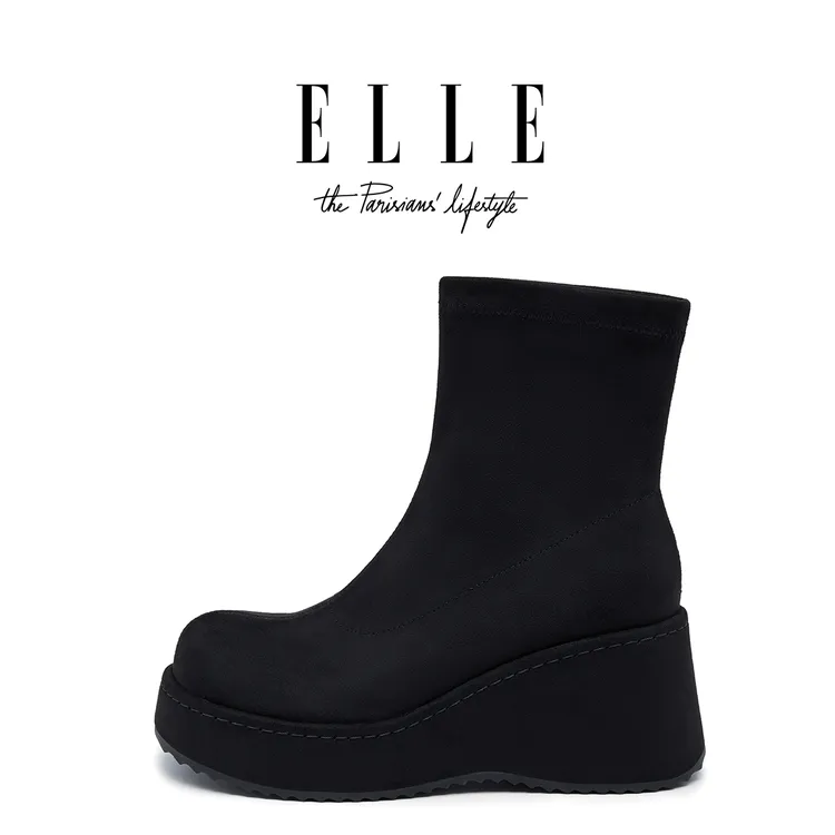 ELLE黑色弹力瘦瘦靴女英伦风马丁靴2025冬季爆款韩系厚底高跟短靴