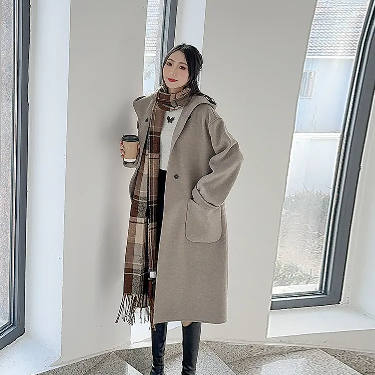双面毛呢连帽外套女2025秋冬新款毛呢大衣中长款呢子大衣大码胖MM