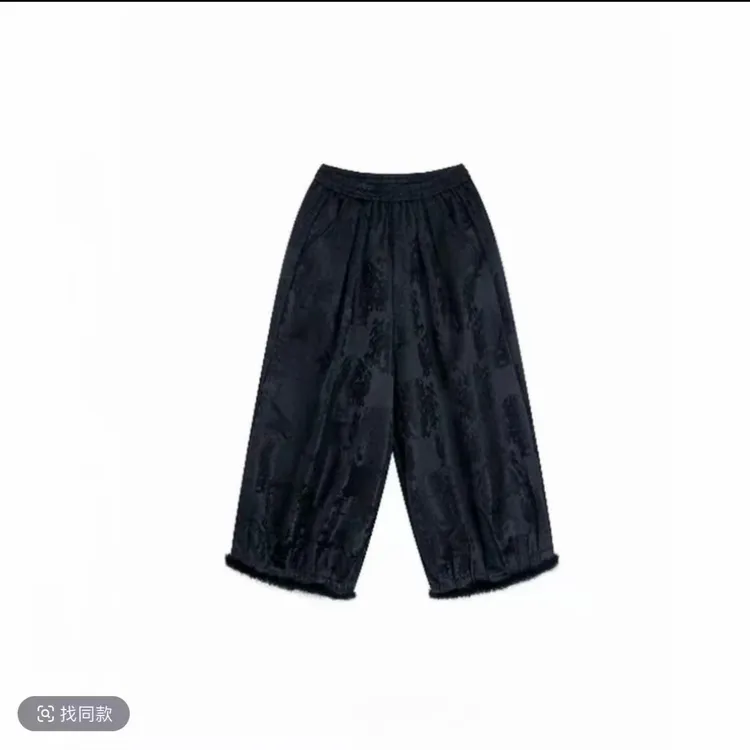 [香云阁]高腰阔腿休闲长裤女加绒中国风保暖百搭提花裤水貂毛