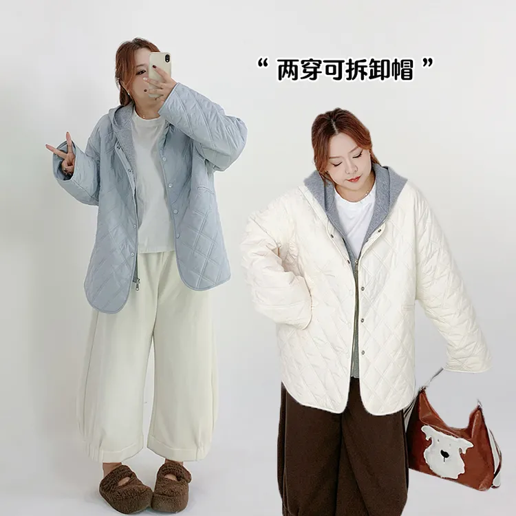 Milu家大码女装冬季菱格可拆卸帽轻薄保暖棉服外套胖mm宽松显瘦潮