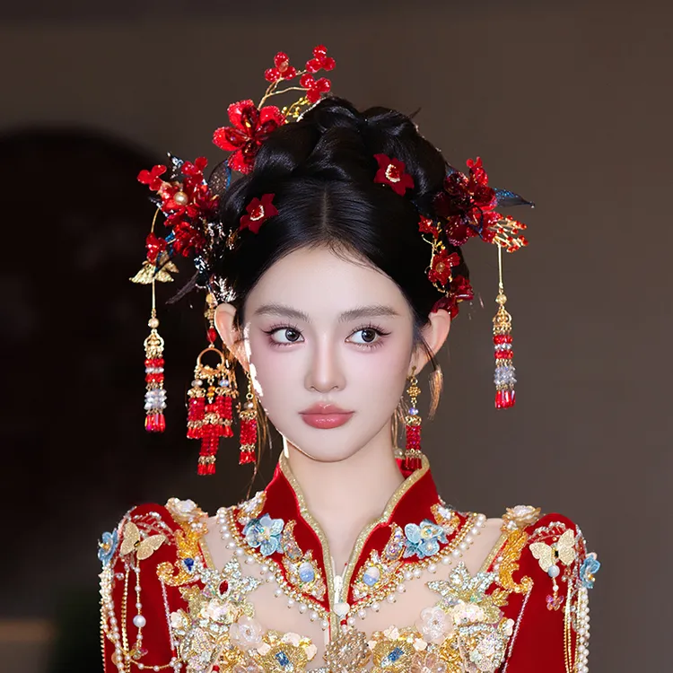 合金婚庆饰品 新娘中式秀禾服发饰红色系流苏簪子结婚头饰品D0618