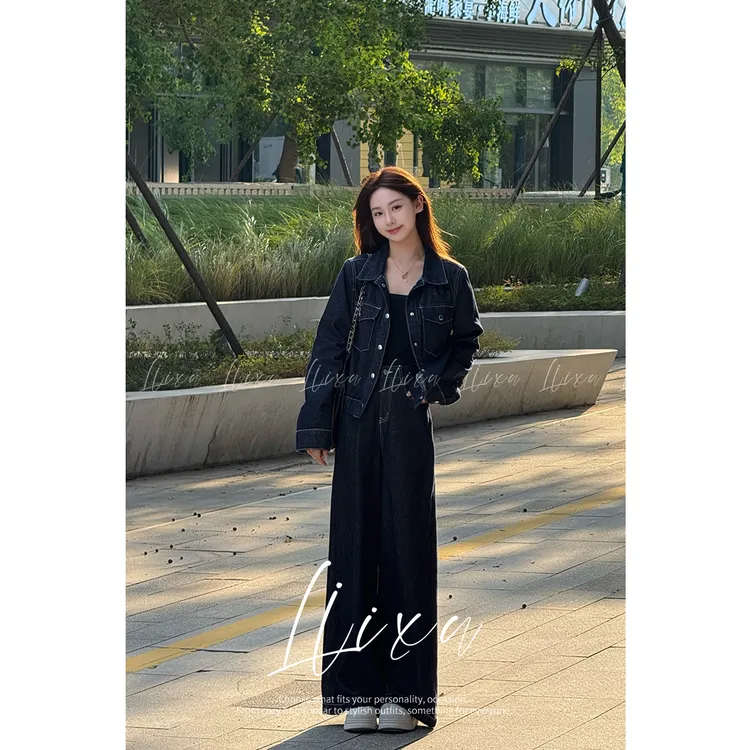 Liixu港风复古牛仔套装女时髦洋气短外套阔腿裤气质套装24TZ098