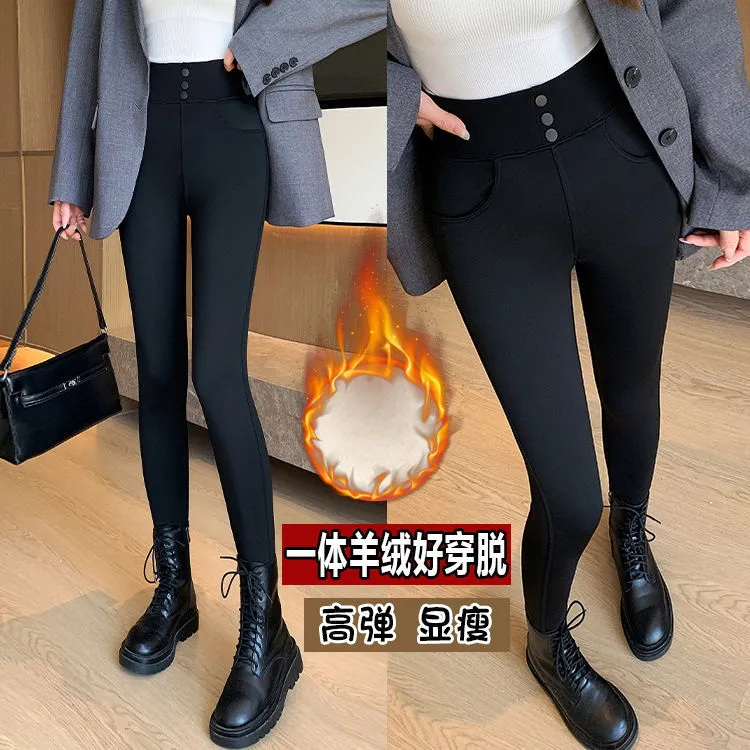 鲨鱼小黑裤女外穿秋冬新款加绒打底裤三扣后口袋超高腰瑜伽芭比