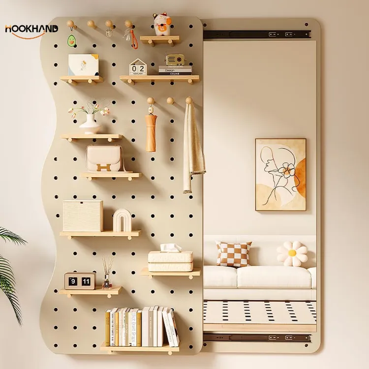 实木洞洞板穿衣镜一体入户玄关带镜子收纳置物架墙面壁墙上全身镜