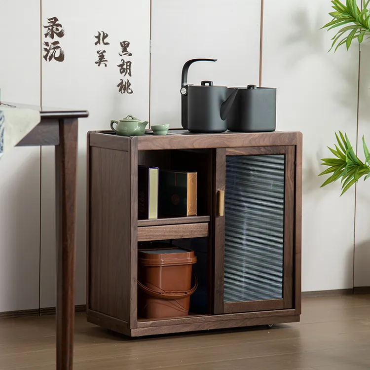 北美黑胡桃木茶水柜简约可移动茶几收纳柜客厅泡茶小边几家用茶几