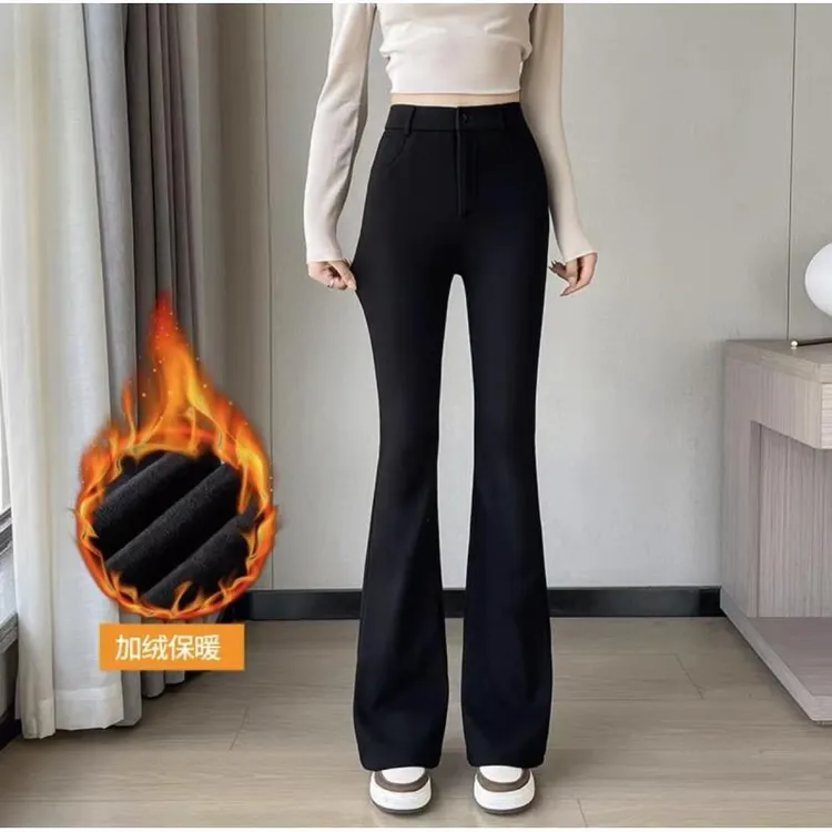 冬款加绒加厚微喇裤新款高腰垂感黑色宽松显瘦喇叭裤裤子