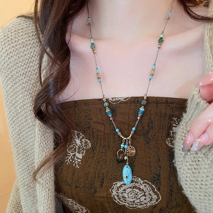 铜合金项链 复古吊坠串珠编绳项链女新中式长款锁骨链民族风配饰