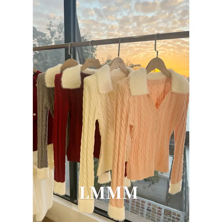 LMMMGOGH女针织薄款翻领V领韩版毛针织衫时尚毛衫毛衣显瘦气质