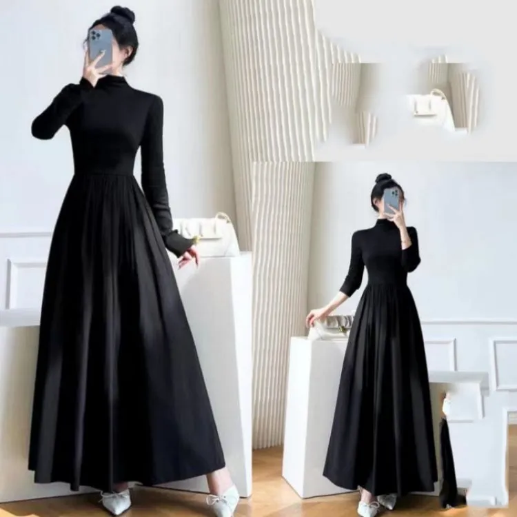 哥弟阿玛施正品淑女连衣裙高级感法式半高领拼接黑色冬裙显瘦气质