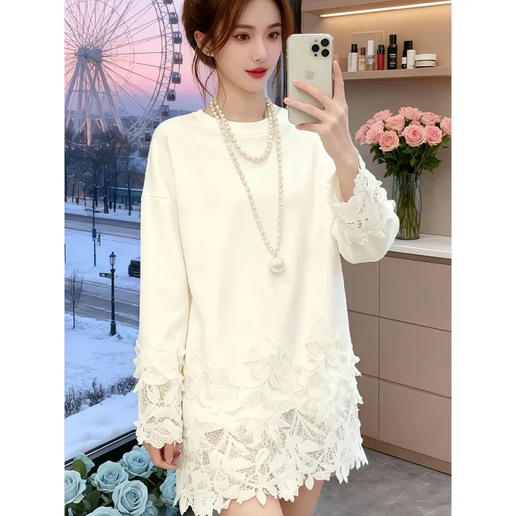 白色蕾丝拼接t恤女2025秋冬新款内搭打底加绒保暖减龄中长款上衣