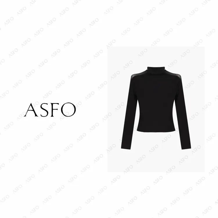 【AS美杜莎】25半高领网纱拼接性感微透修身弹力上衣AS25QMZZS04210