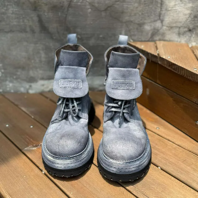力SF 原创纯手工女鞋意大利复古水洗马皮百搭冰川灰马丁靴男女款