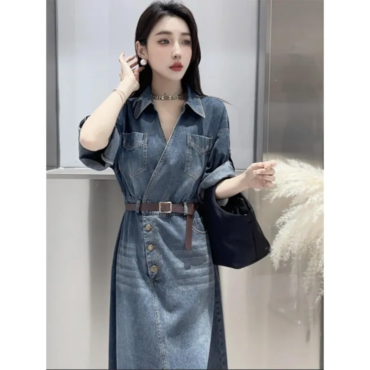 轻奢牛仔连衣裙女2025夏季新款韩版宽松洋气休闲高级感开叉长裙子