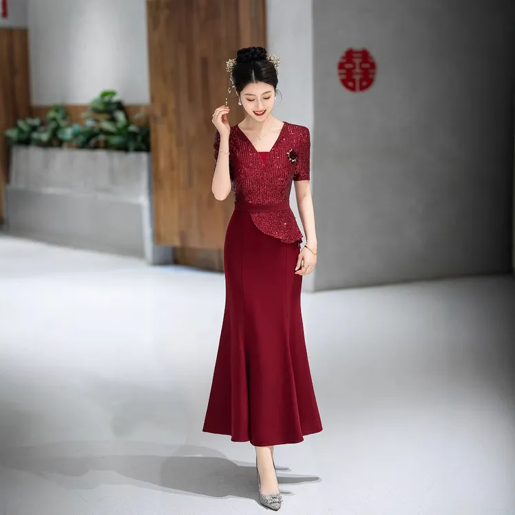 高雅轻熟名媛气质妈妈婚宴礼服红色喜婆婆装高端亮片鱼尾旗袍裙