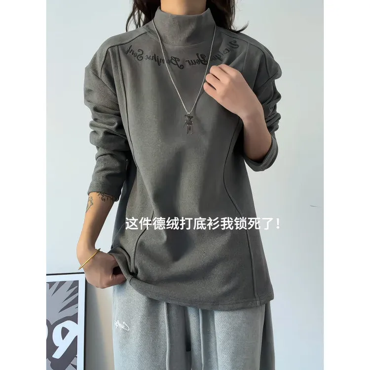 深灰色双面德绒打底衫男冬季内搭半高领加厚卫衣拼接印花长袖t恤商品图