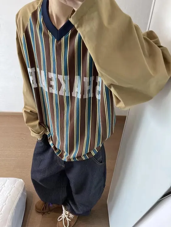 300斤大码男装上衣字母韩版插肩袖条纹印花拼接T恤长袖V领休闲