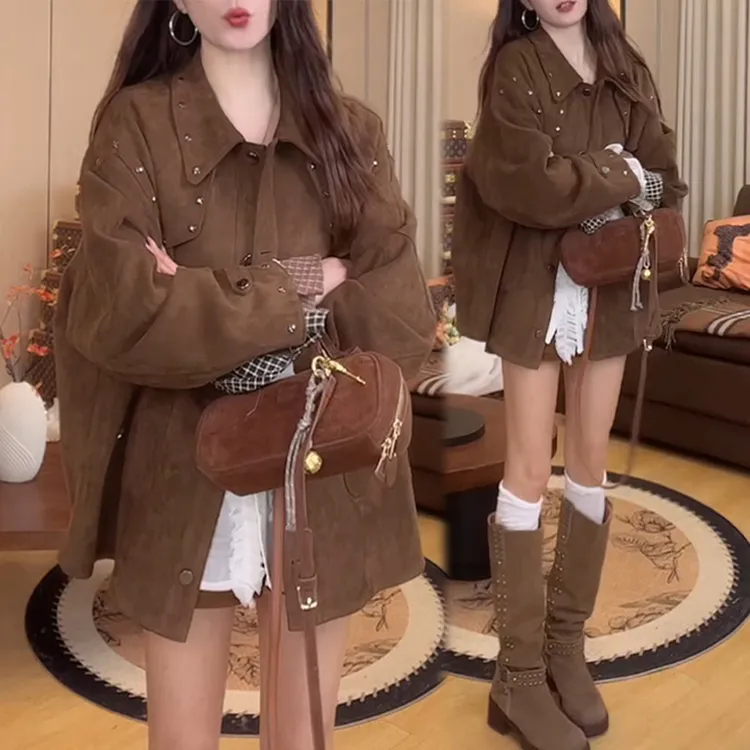 网红高级感铆钉牛仔衬衫外套女2025春秋新款宽松显瘦夹克开衫上衣