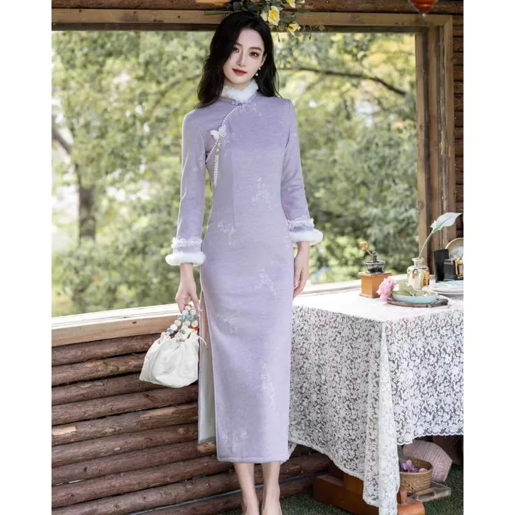 苏故里【紫蝶轻舞】新款冬季加绒修身显瘦气质改良新中式旗袍中长