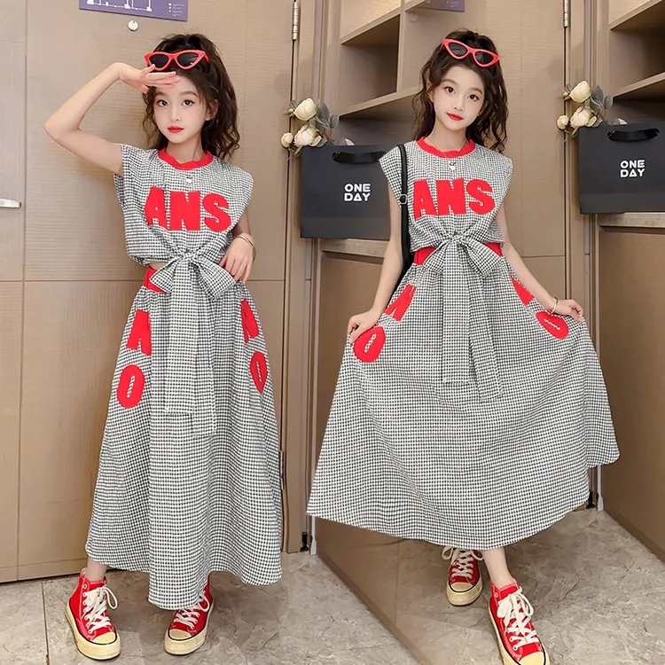 女童夏季格纹背心套装2024新款韩版中大童拼色结上衣半身裙潮