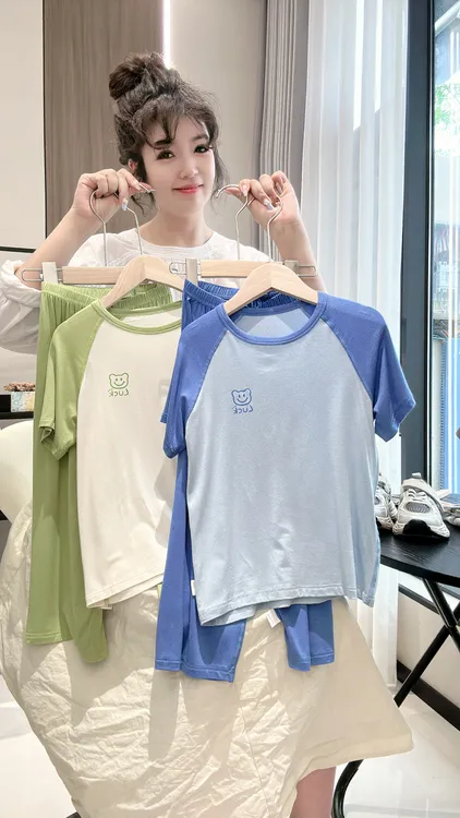 新款儿童薄款无骨睡衣男女孩短袖九分裤莫代尔空调服家居服中大童