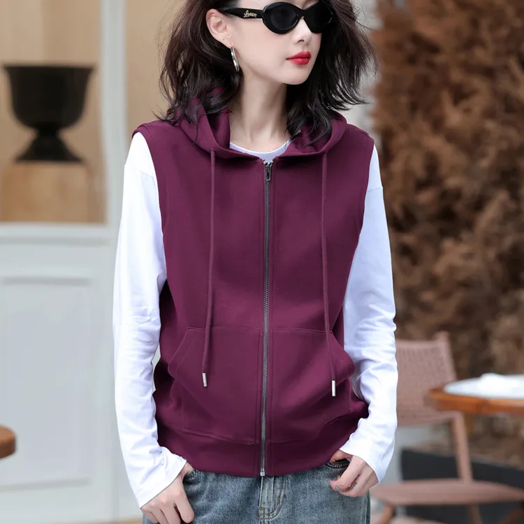 春夏时尚纯色连帽马甲女春秋休闲宽松叠穿坎肩马甲外套女百搭外穿