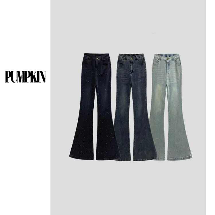 PUMPKIN·大码<腿精重现>烫钻满天星精致大长腿牛仔微喇裤（不加绒）