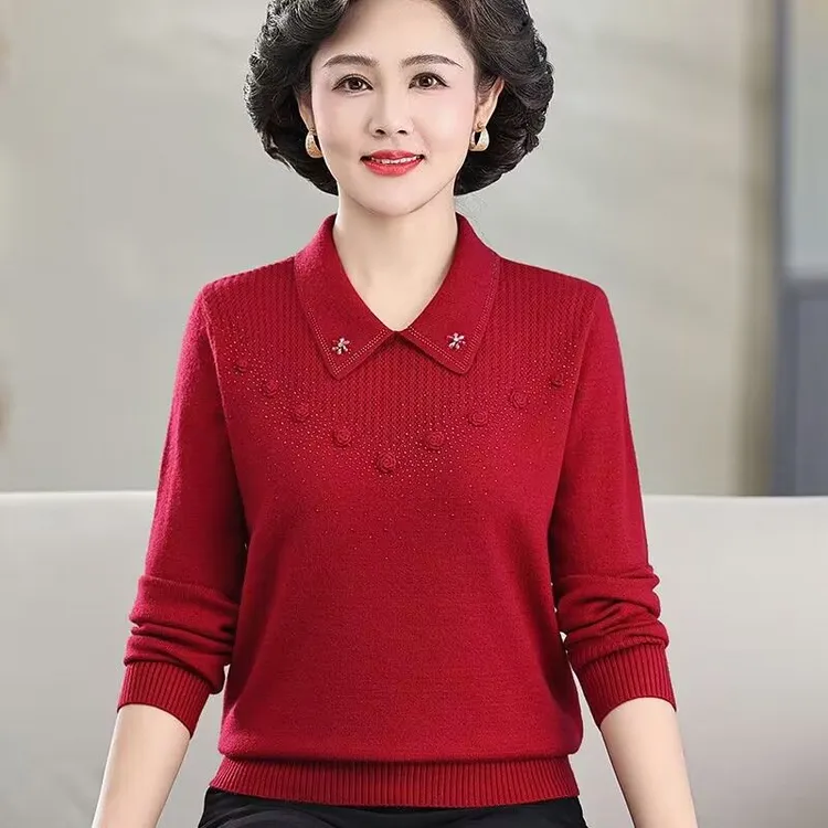 妈妈春秋装针织小衫洋气翻上衣新款中老年女士秋冬长袖毛衣打底衫