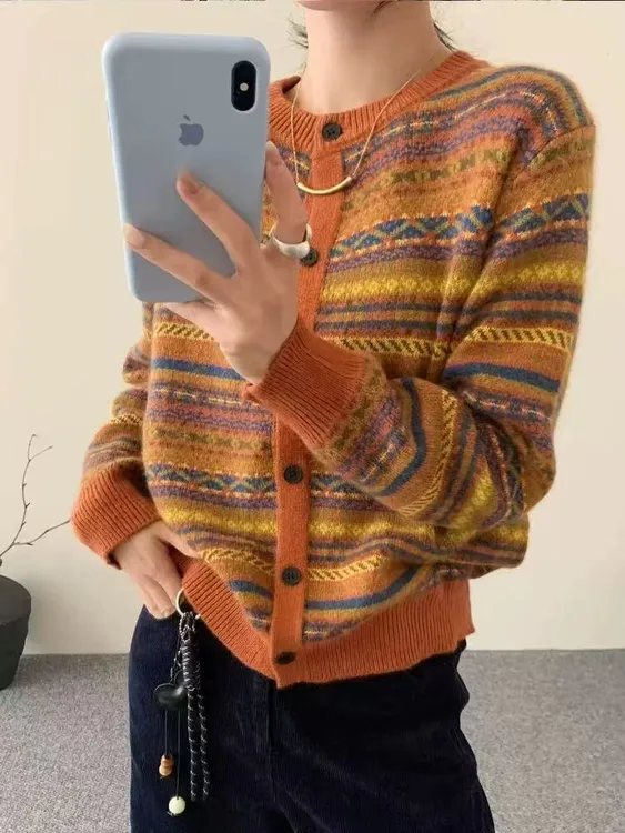 【日落南瓜橘】费尔岛复古民族风圆领长袖提花百搭针织开衫外套女