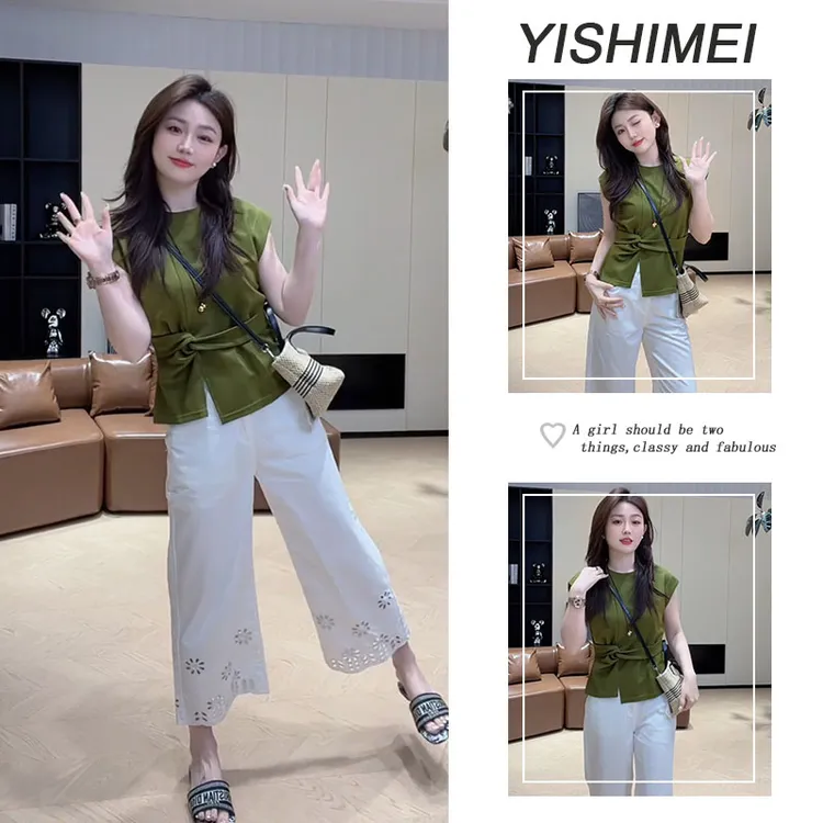 夏季温柔系穿搭一整套2025新款韩版气质简约百搭上衣休闲裤两件套