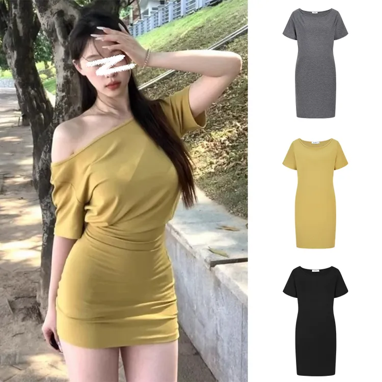 Moses Queen/魔西女王黄色斜肩短袖T恤连衣裙女修身收腰包臀短裙