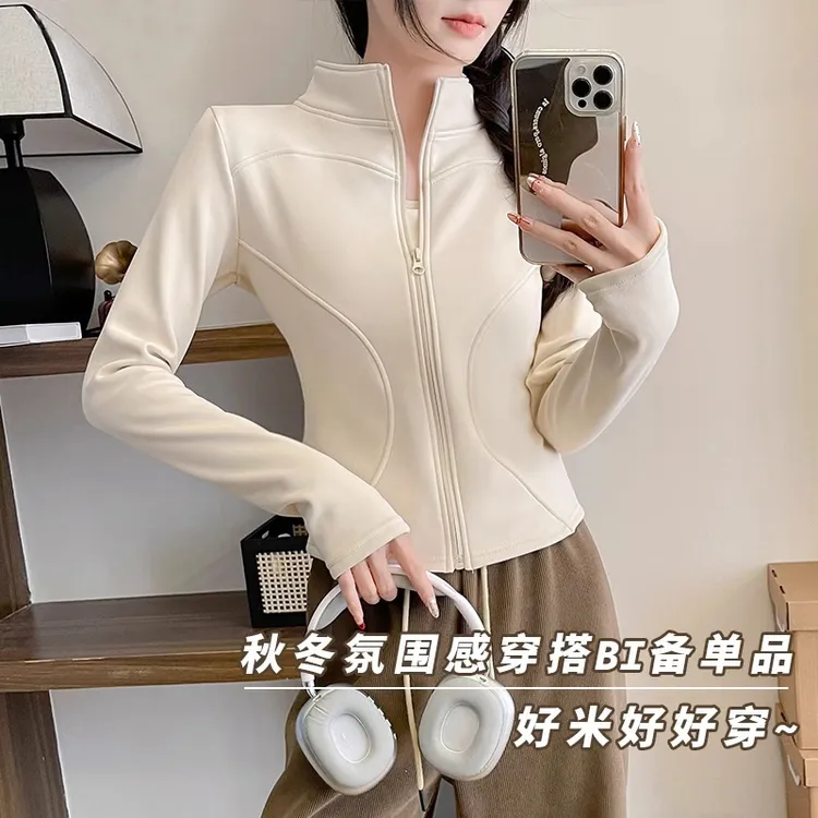 啄木鸟冬季加绒修身运动卫衣女健身衣内搭短外套抓绒内胆百搭上衣