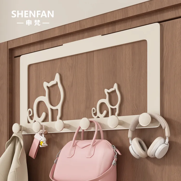 奶油风门后小猫造型金属挂钩免打孔壁挂门背式无痕衣帽多功能挂钩