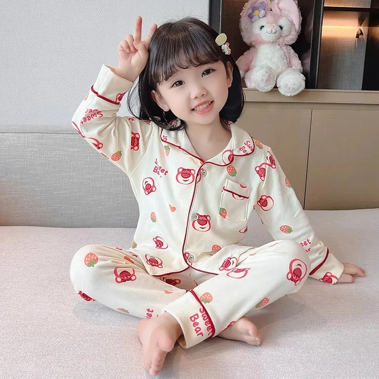 女童透气开衫睡衣春秋儿童纯棉长袖保暖小中童优质2025小孩家居服