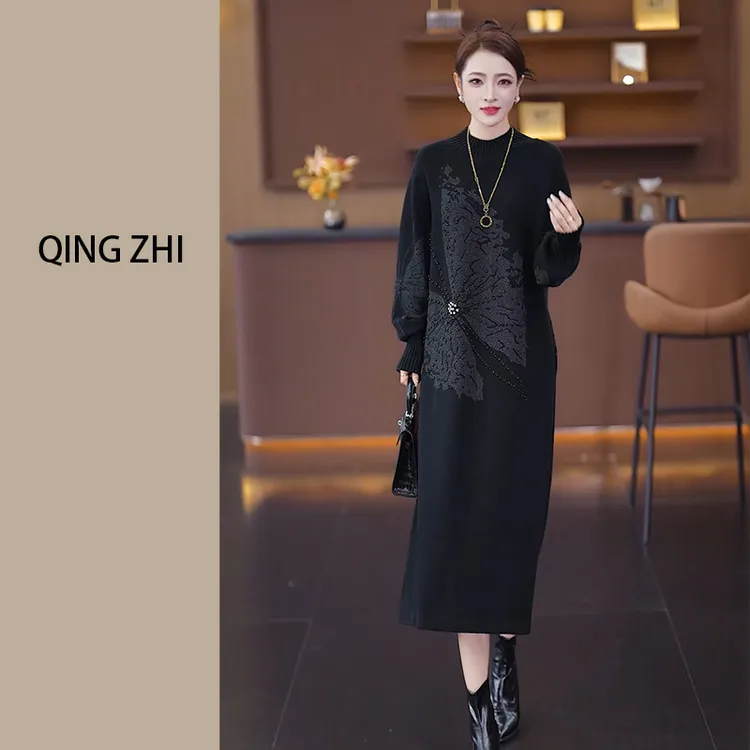 冬季新款大蝴蝶订珠锆钻羊毛气质针织连衣裙时尚设计款式