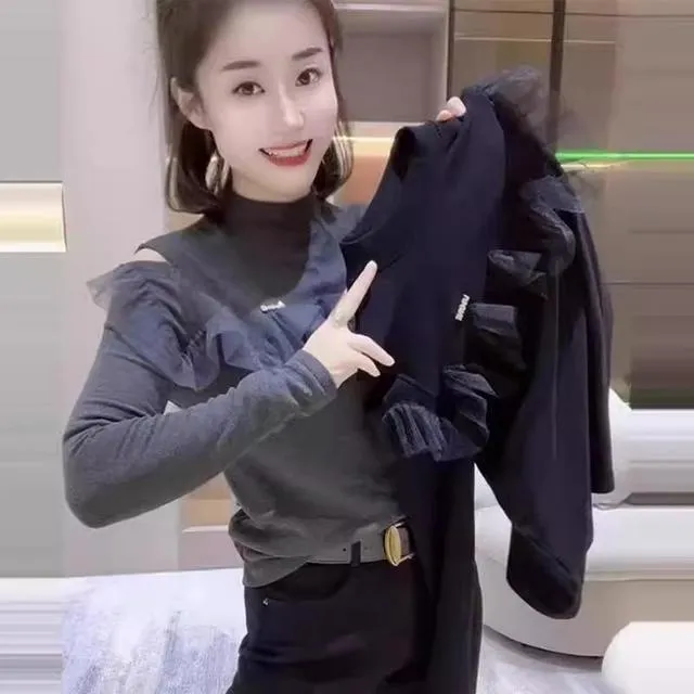 法式时尚露肩纱网拼接长袖T恤女春秋半高领气质修身洋气打底上衣