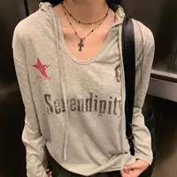 【 早秋美式】印花轻薄垂坠防晒衫连帽做旧T恤.
