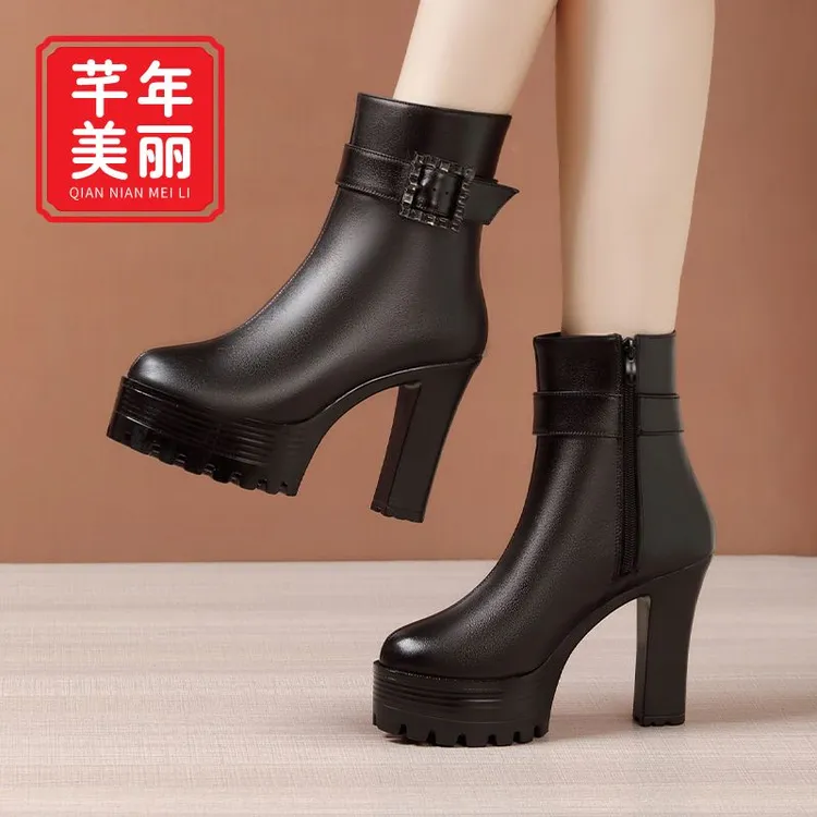 真皮高跟马丁靴女2022秋冬新款防水台加绒中筒靴大码粗跟春秋单靴